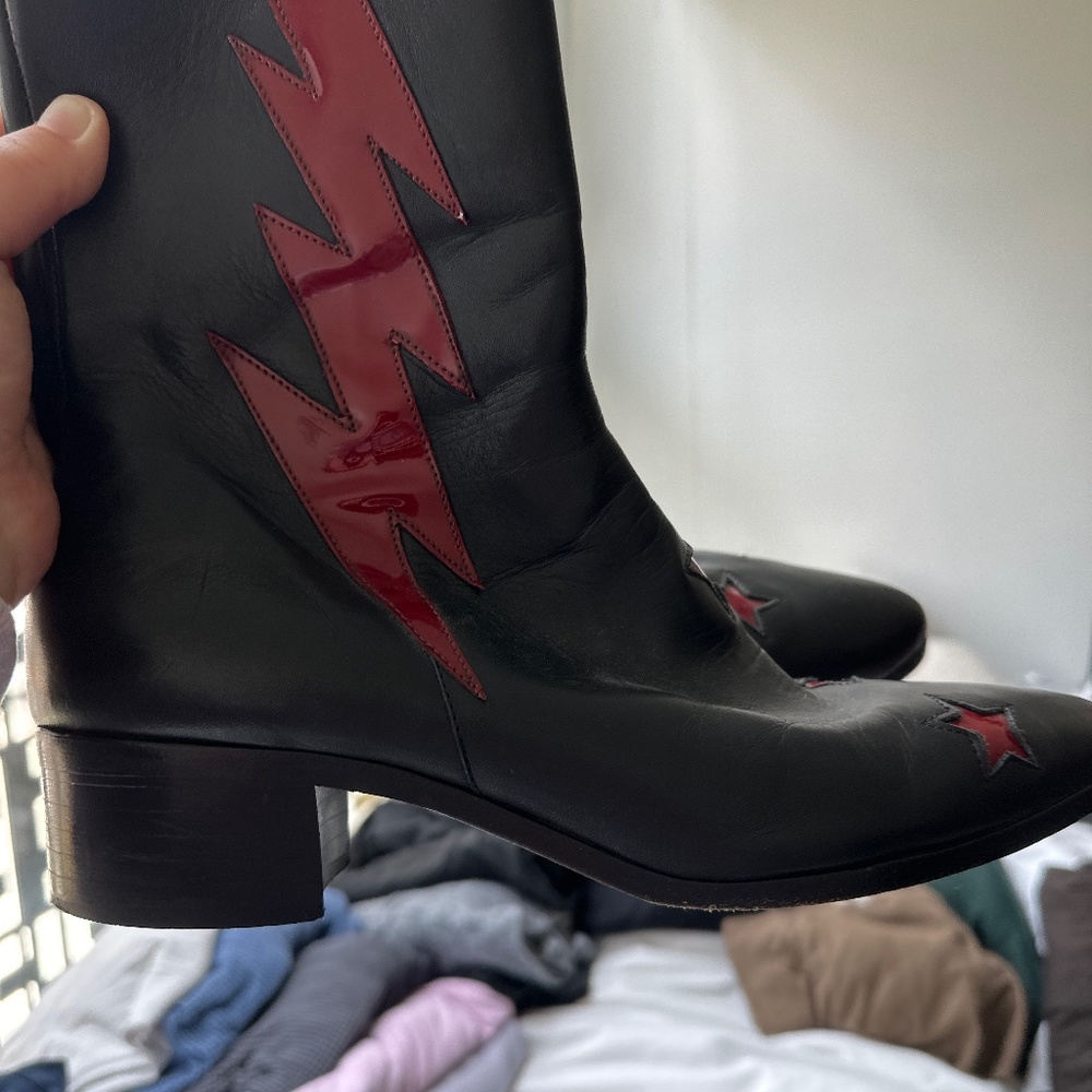 Black and red leather modern vice boots